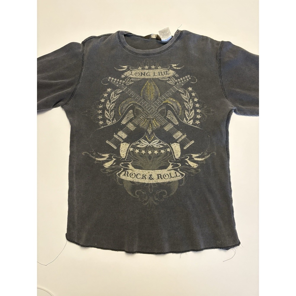 No Boundaries Rock & Roll Graphic Thermal Shirt Large Gray Long Line Y2K Waffle